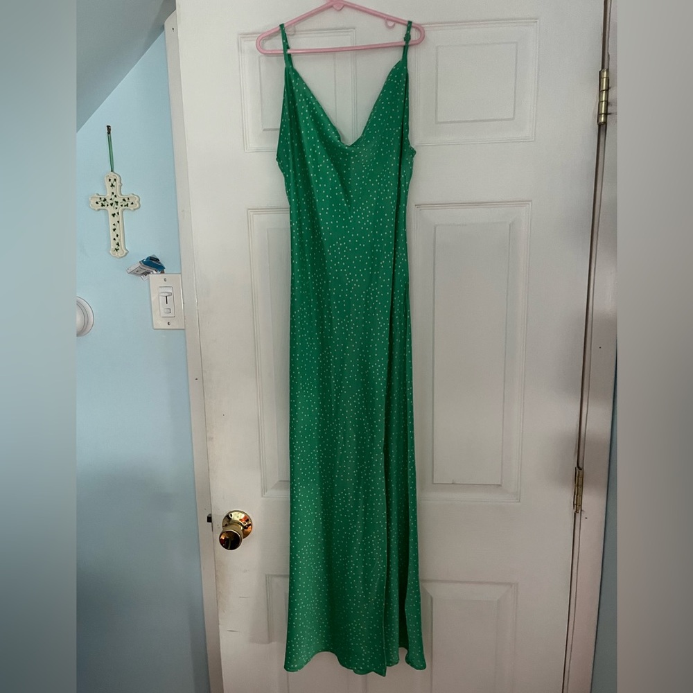 Green polka dot cowl neck satin dress